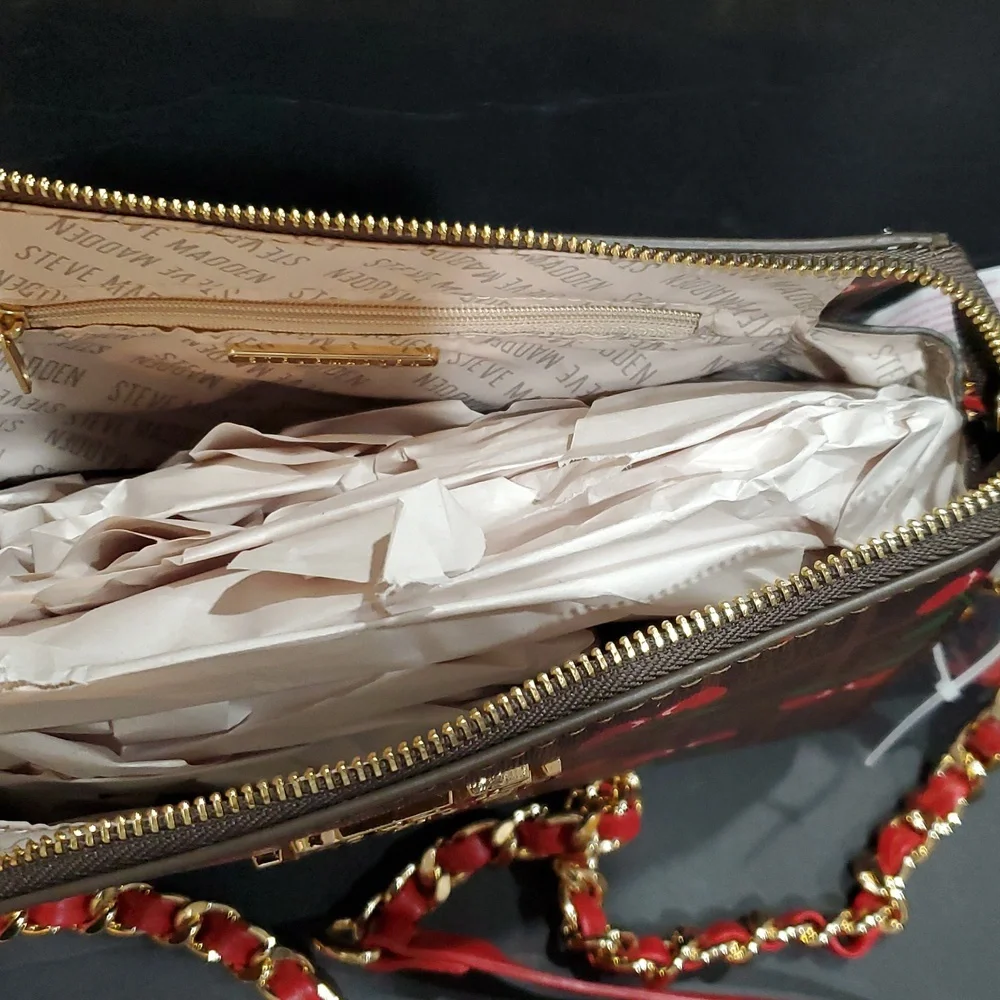 Steve Madden brown plaid checkered cherry print bryder crossbody bag and charm - Picture 8 of 13